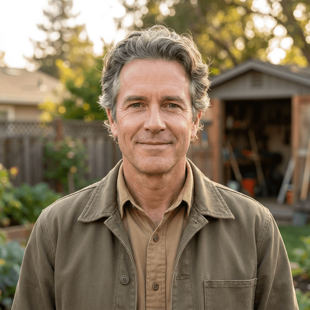 Portrait of Samuel Hansen, owner and lead technician, standing in a bright residential space with a furnace in the background