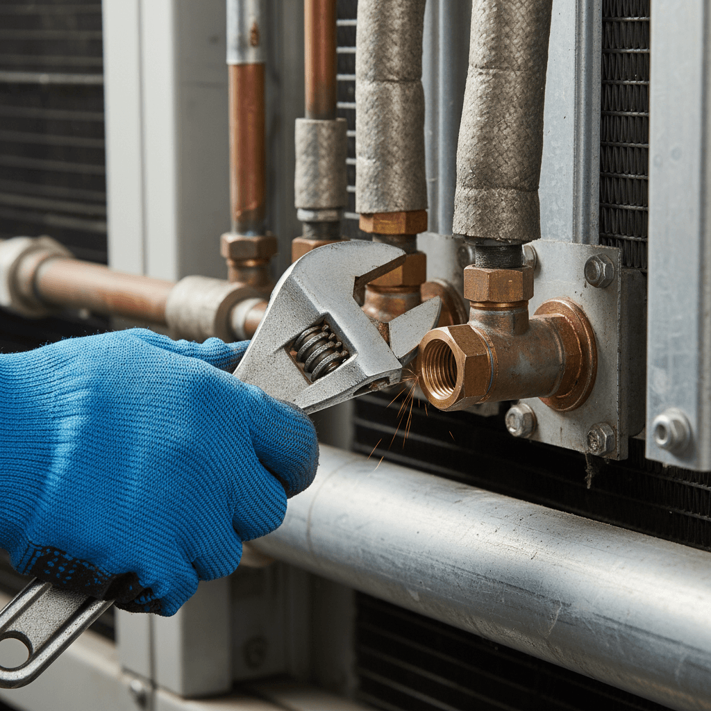 Technician tightening a connection on an HVAC unit