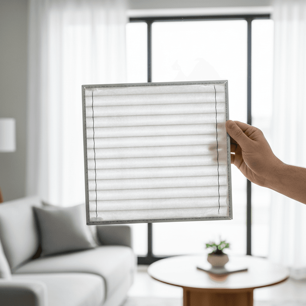 Clean air filter held up in a bright living room