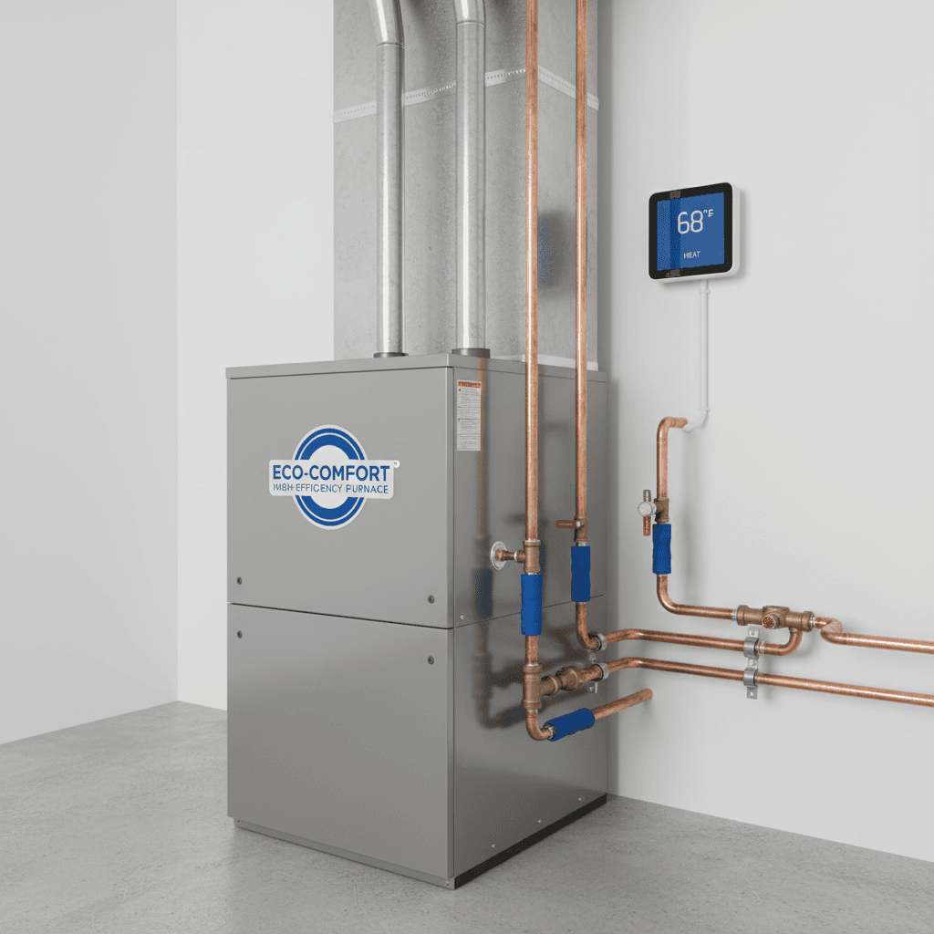Modern high-efficiency furnace in a utility room