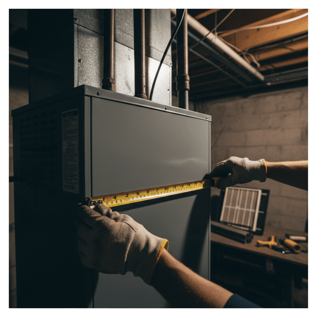 Technician measuring an HVAC unit with a tape measure