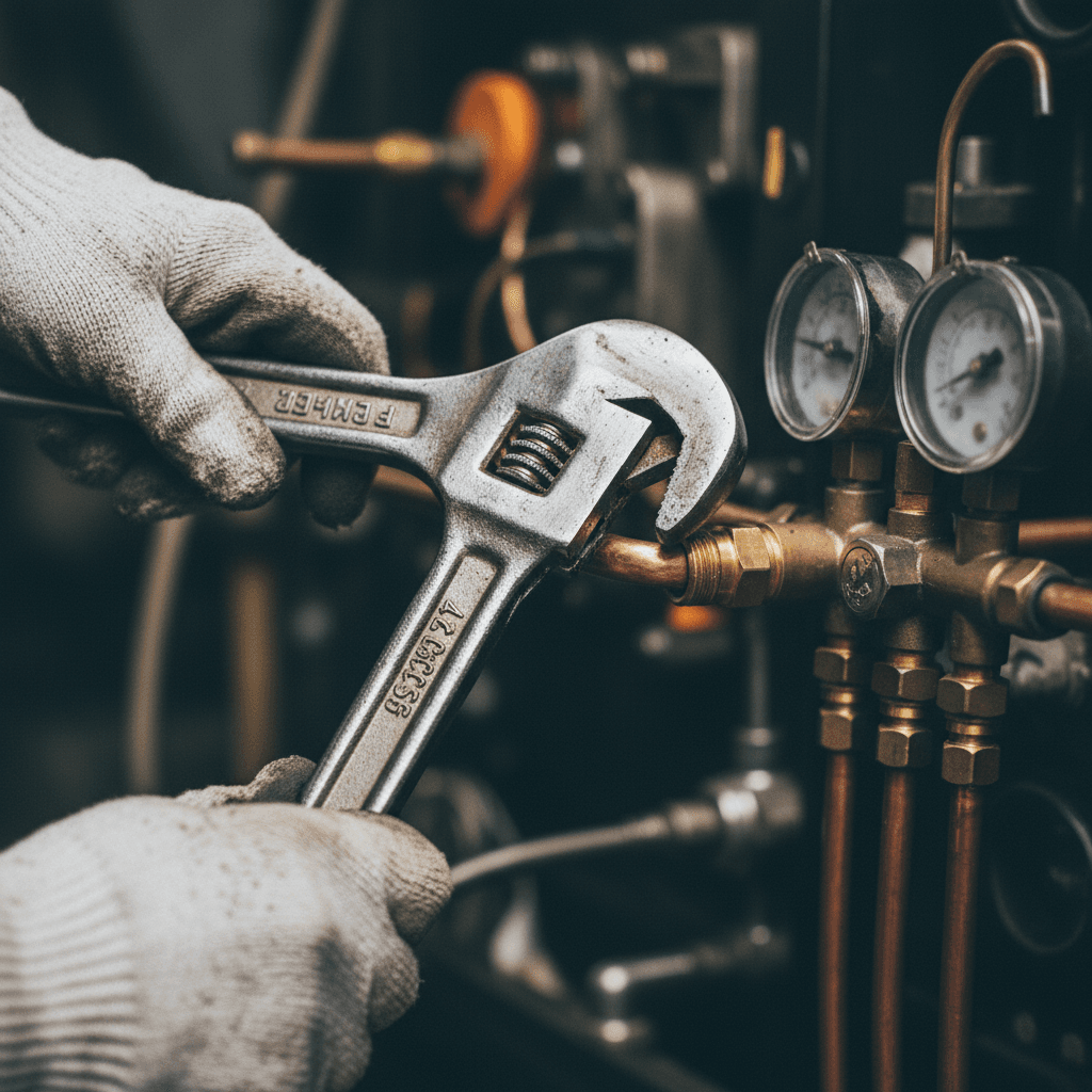 Technician tightening an HVAC pipe fitting