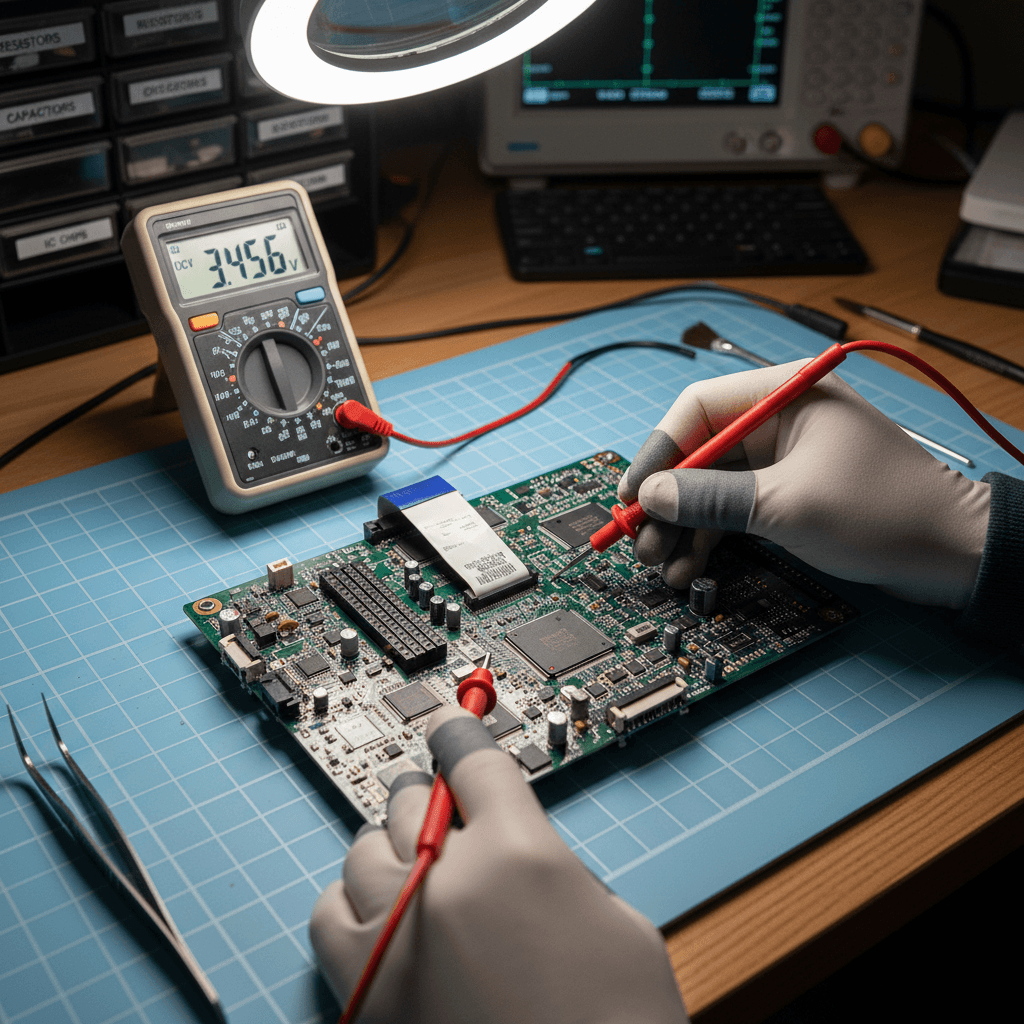 Close-up of a technician's hands repairing an HVAC control board