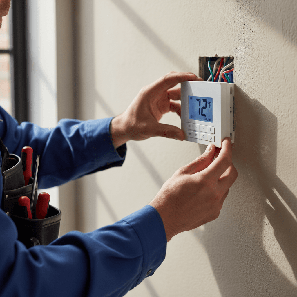 Technician adjusting a thermostat in a Toronto home