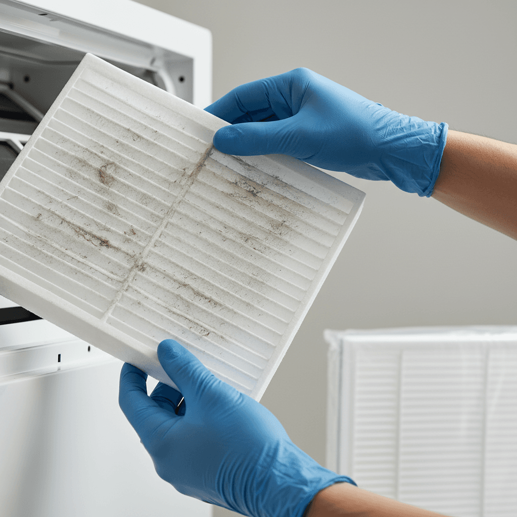 Technician performing a routine maintenance check on a residential furnace filter