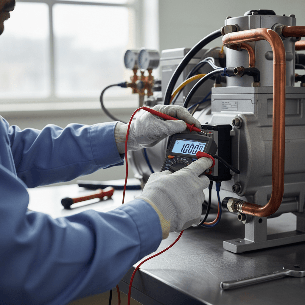 Technician checking refrigerant pressure on a commercial HVAC system