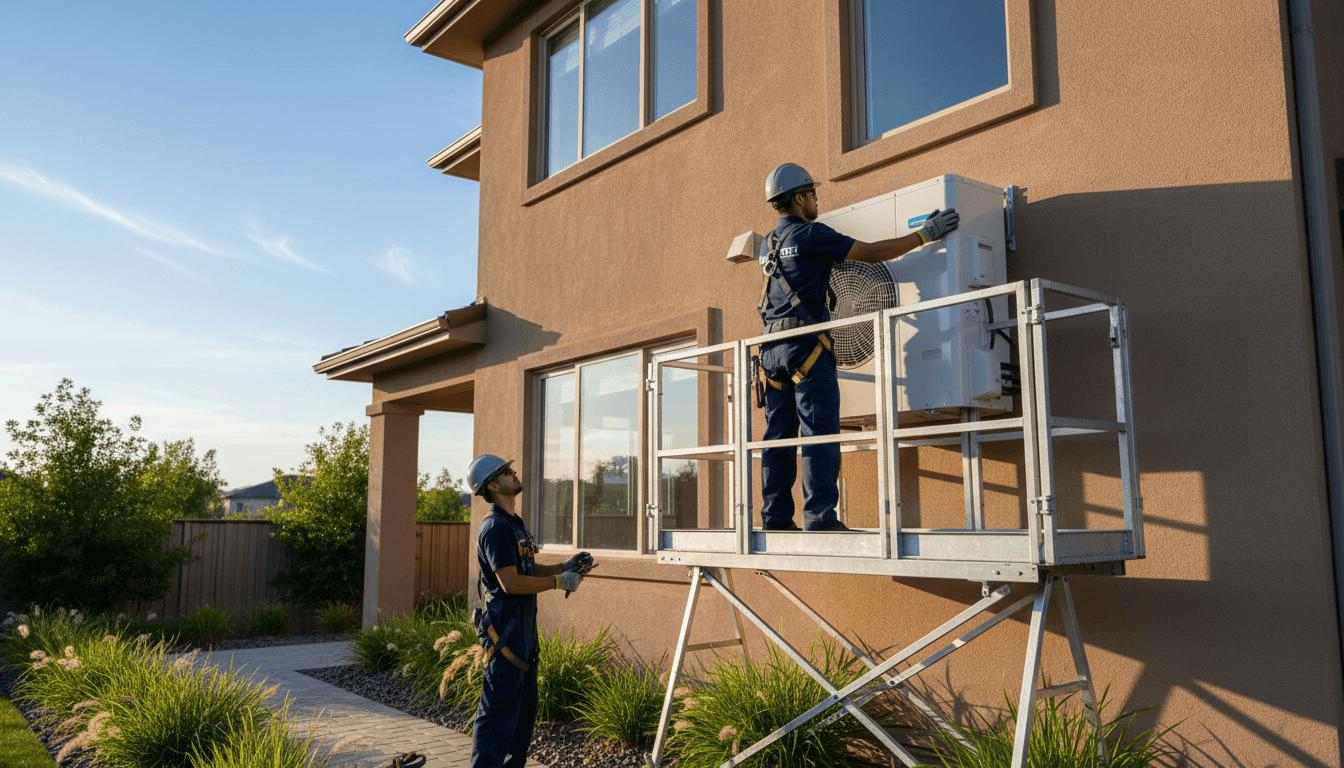 Modern high-efficiency heat pump installed in a residential backyard