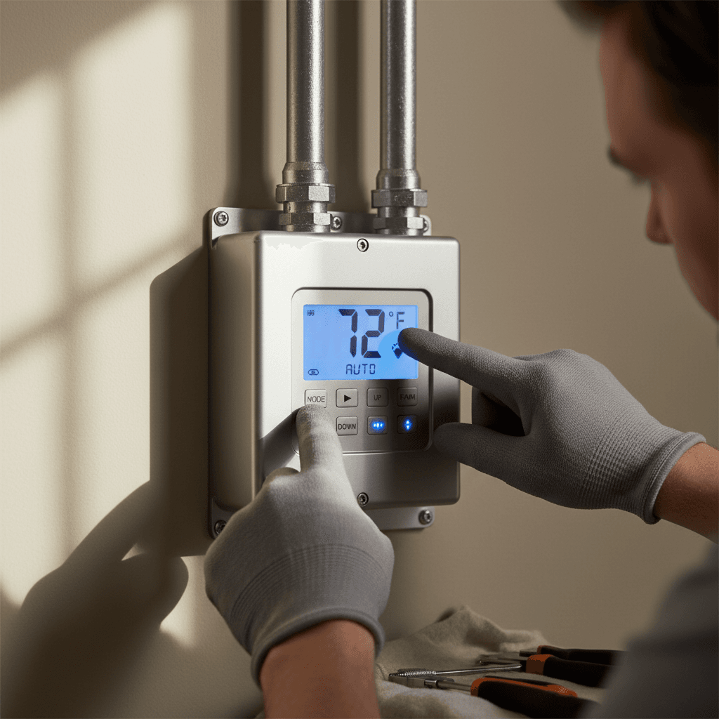 HVAC technician's hands adjusting a thermostat with a wrench