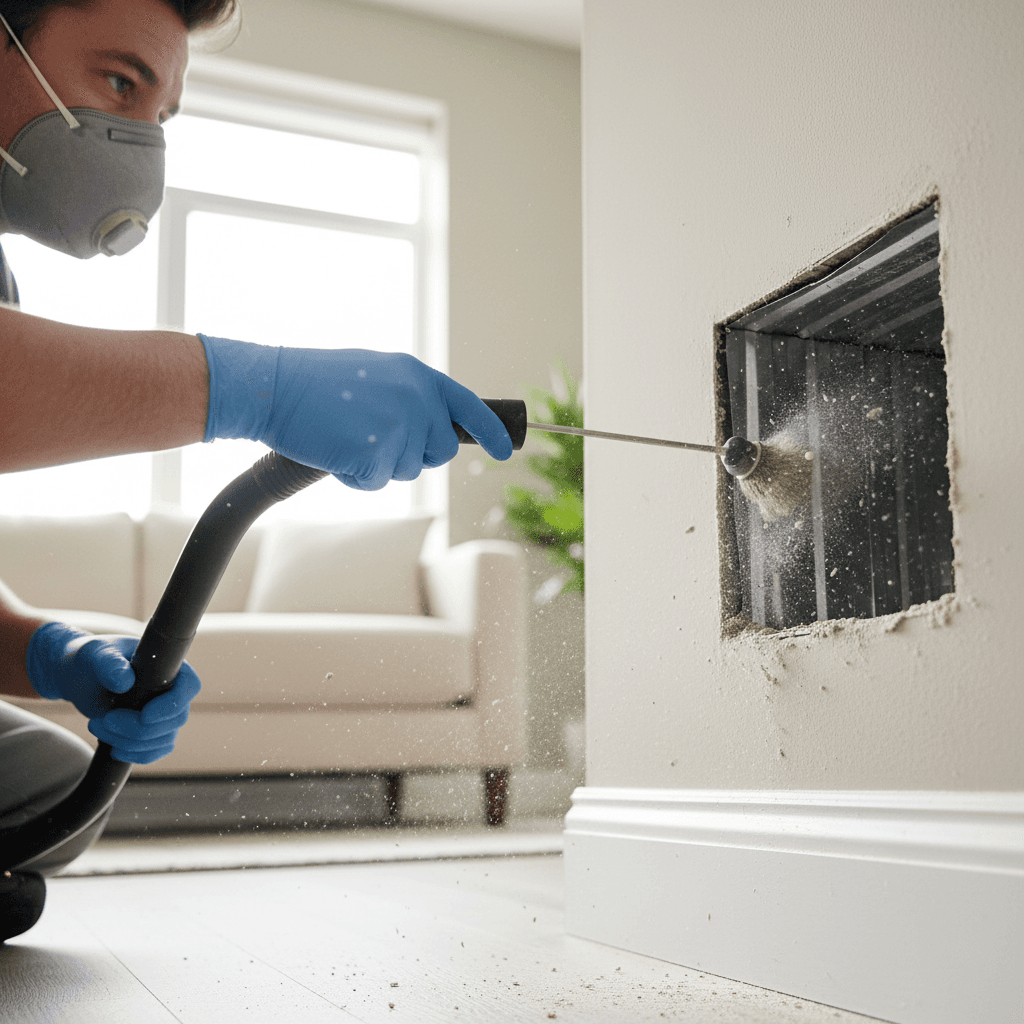 Technician installing a HEPA air filter in a residential return duct