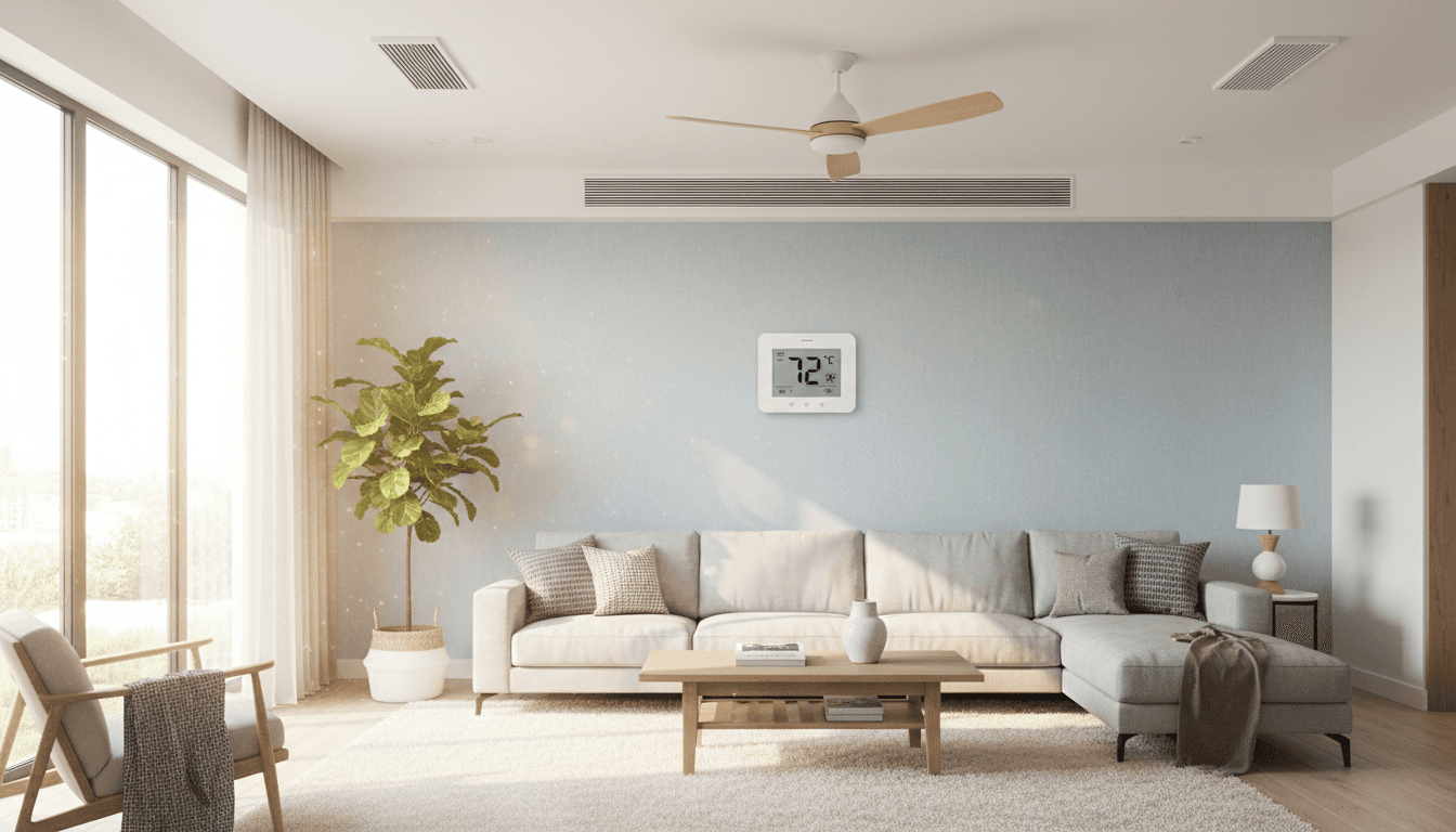 Modern living room with a wall-mounted air conditioning unit