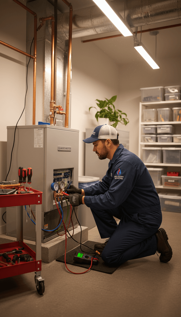 Homeowner talking with a technician beside an old furnace