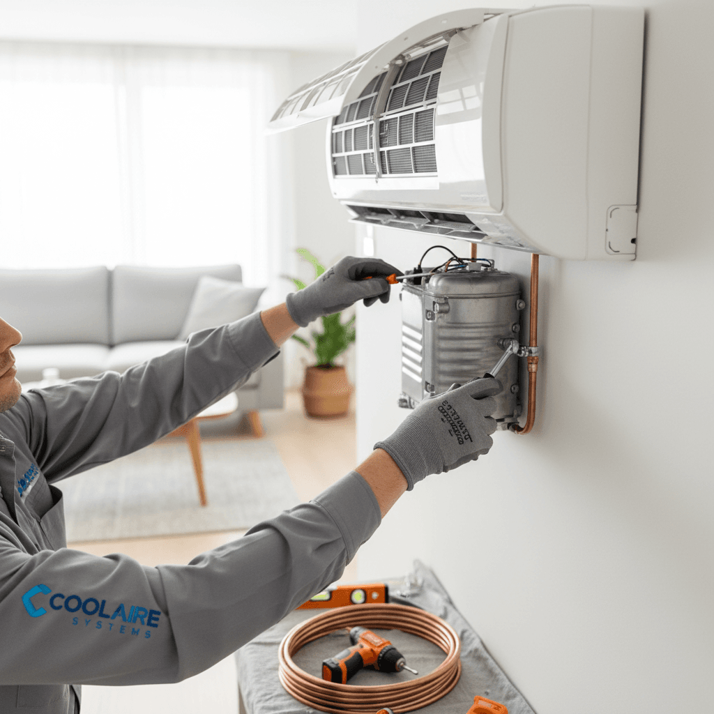 Technician adjusting an outdoor HVAC unit